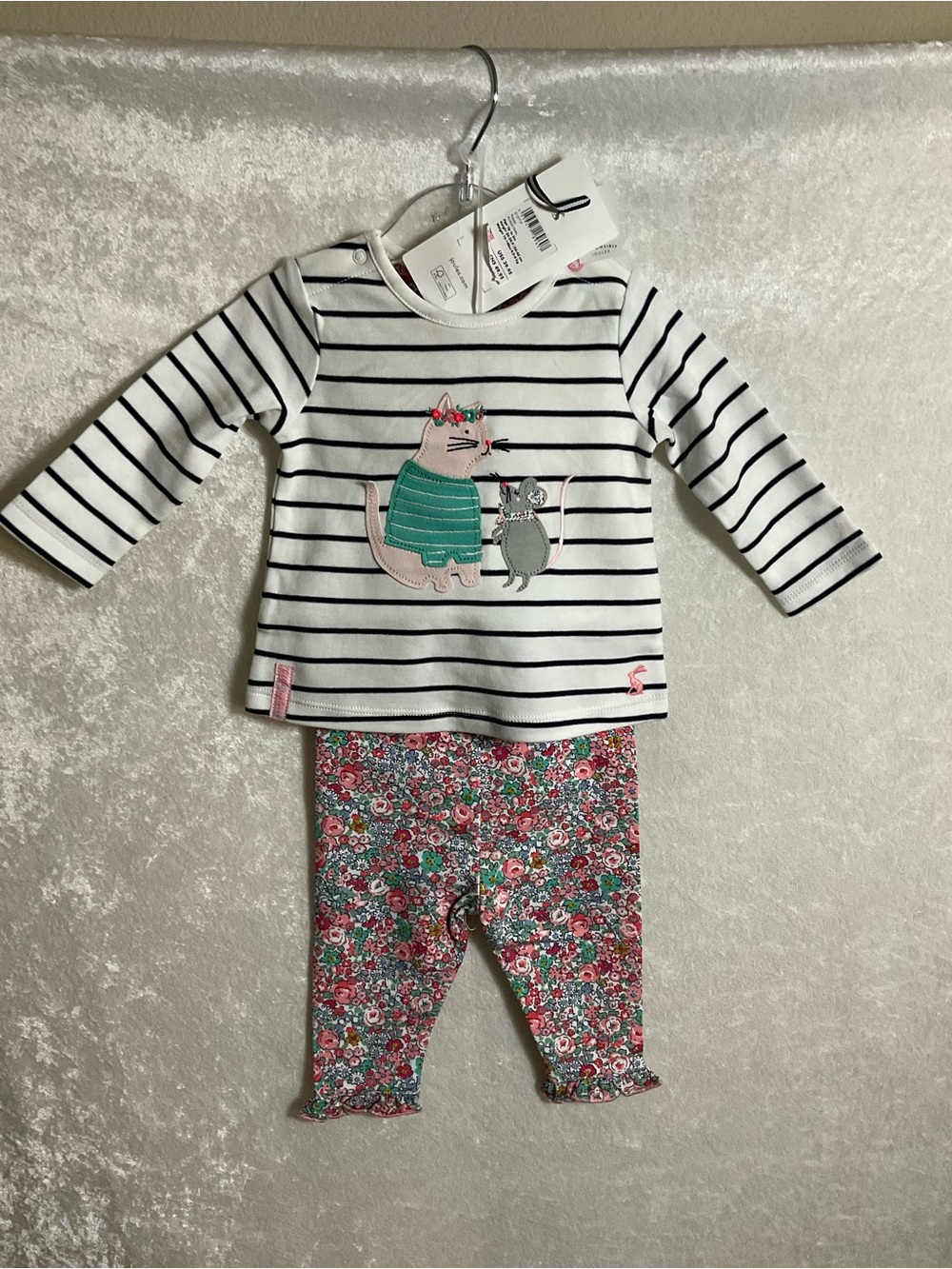 Joules White and Navy Striped Kids Two Pies with Cat and Mouse Appliqué